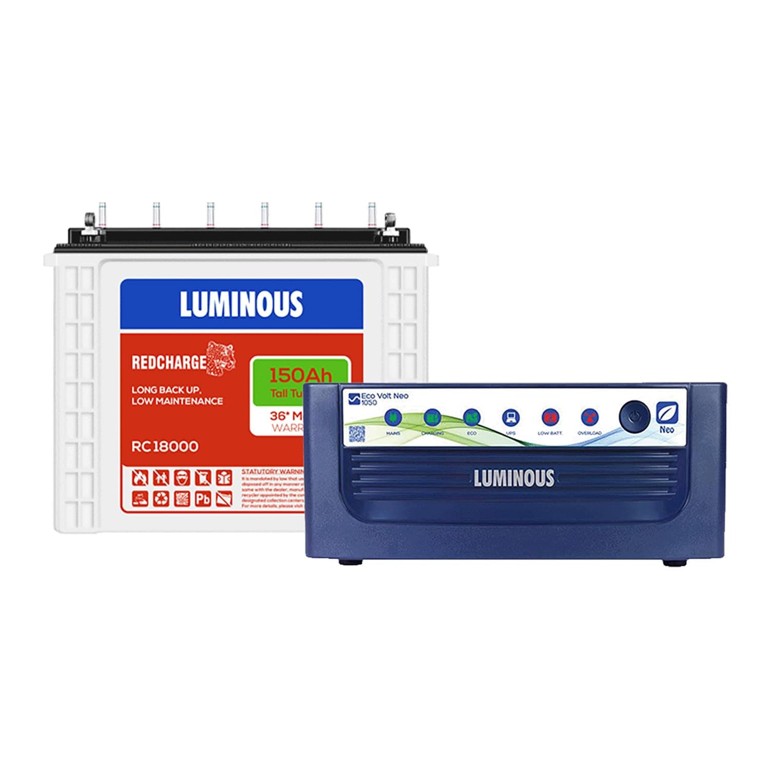 Luminous Inverter & Battery Combo ,Eco Volt Neo 1050 (900VA/12V) Sine Wave Inverter + RC18000 150Ah Tall Tubular Battery