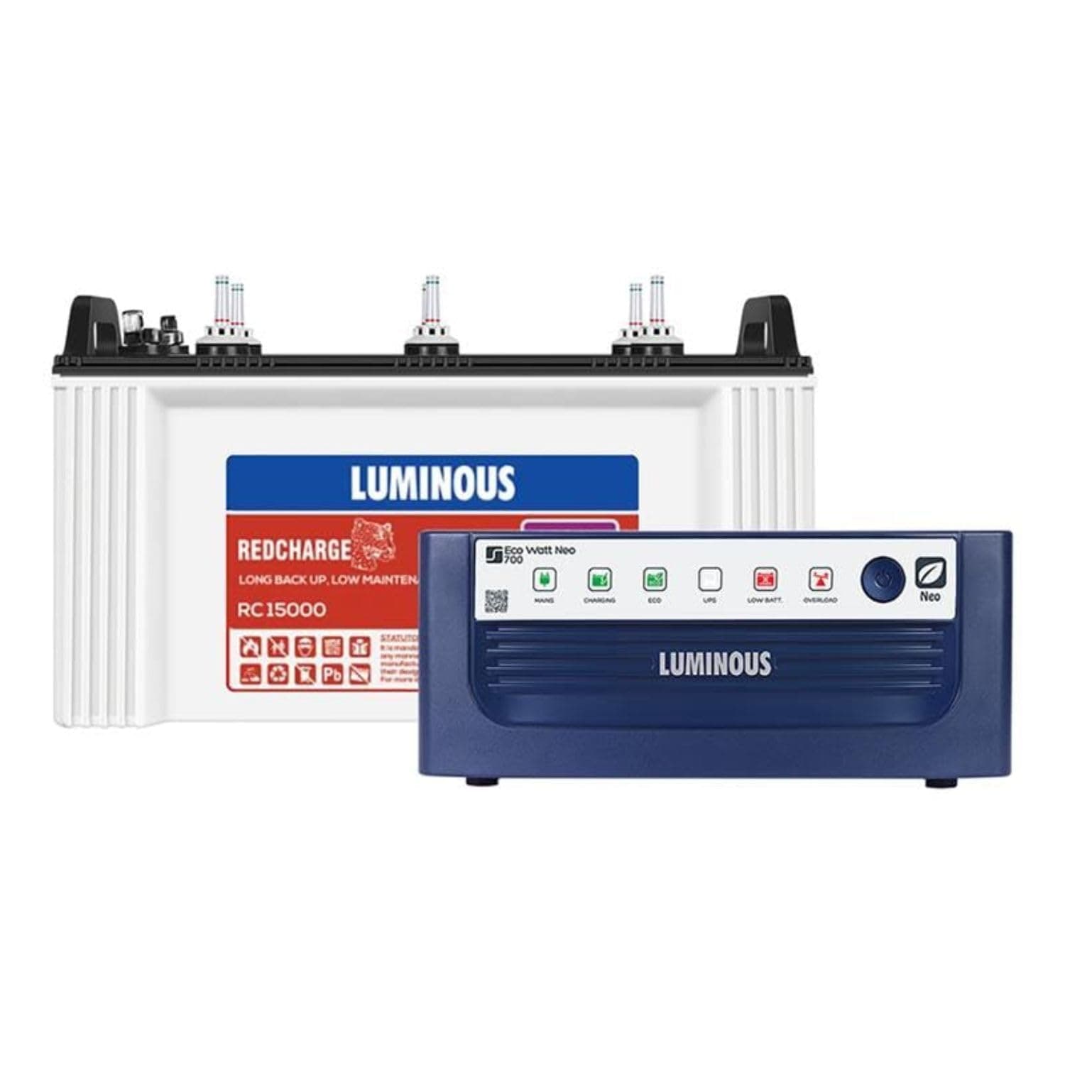 Luminous Inverter & Battery Combo (Eco Watt Neo 700 Square Wave 600VA/12V Inverter with Red Charge RC 15000ST Short Tubular 120Ah Battery)