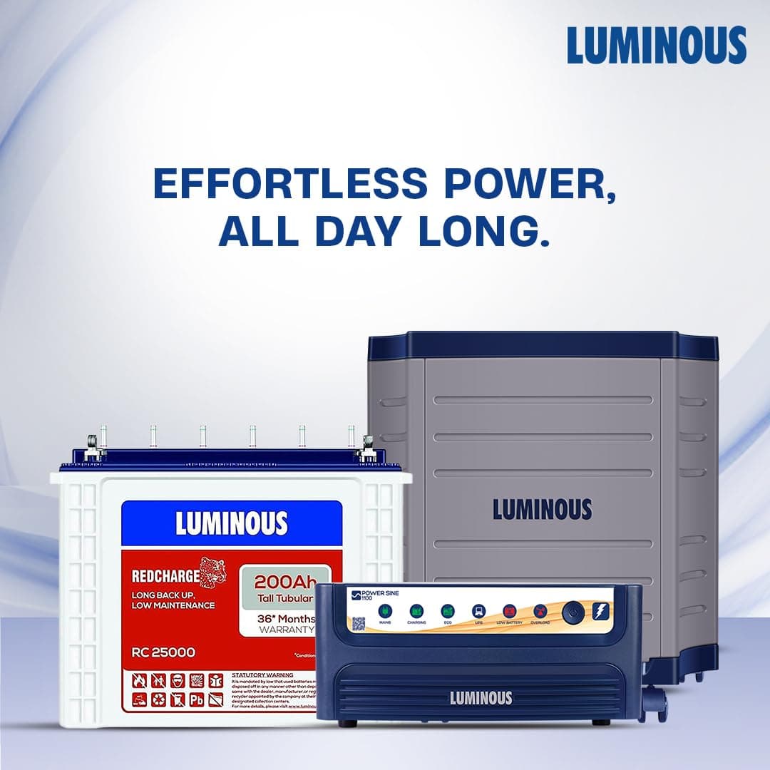 Luminous Inverter & Battery Combo with Trolley for Home & Shops | Power sine 1100 (900VA/12V) Pure Sine Wave Inverter | RC 25000 200 Ah Tall Tubular Battery |